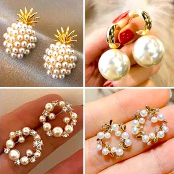 New Gold Pearl Crystal Drop Dangle Earrings - Picture 3 of 7